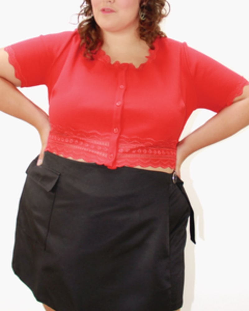 Side of a model wearing a size L Rhea Crop Top in Cherry by Lovefool. | dia_product_style_image_id:249673